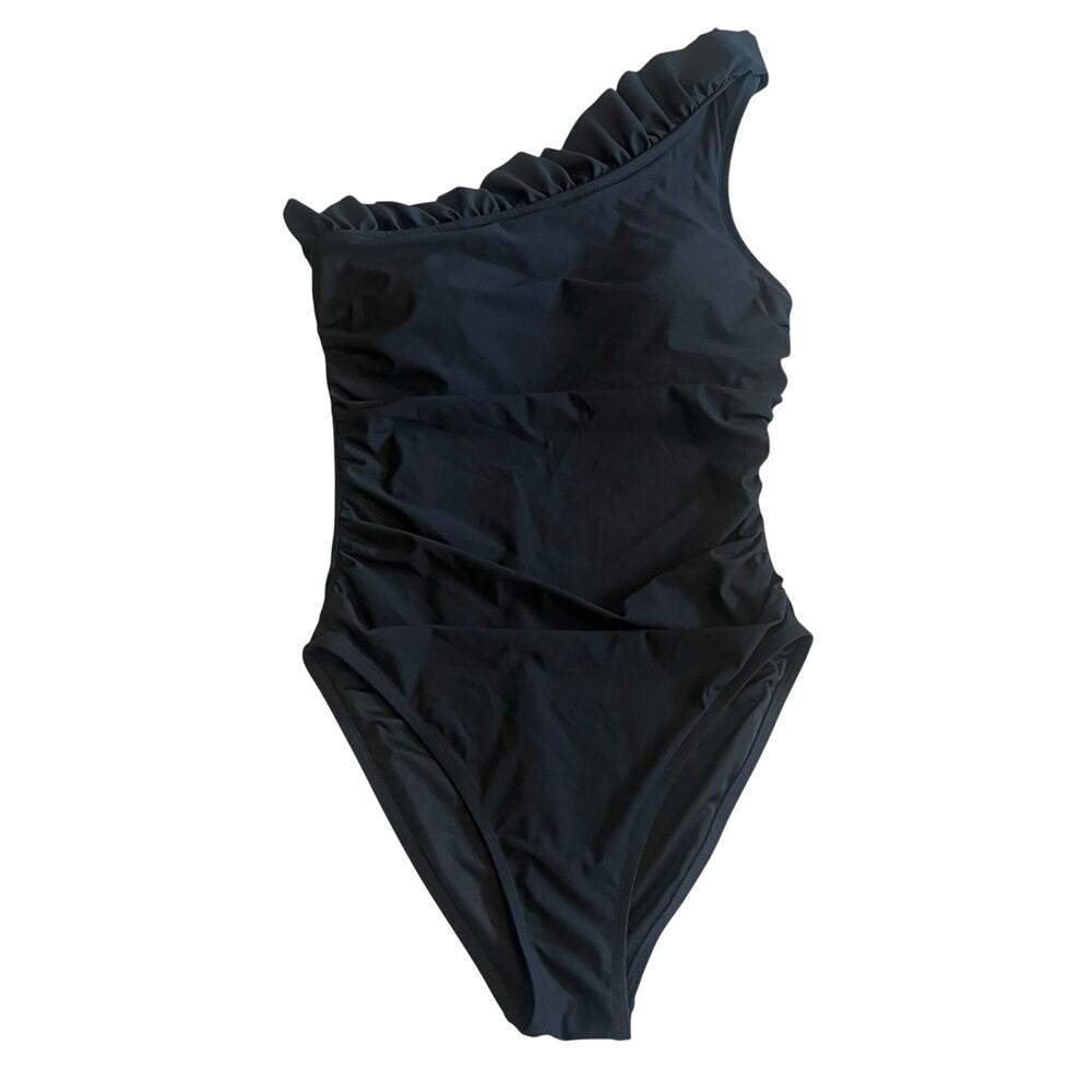 NWT J.Crew Ruched One-Shoulder Ruffle One-Piece Swimsuit Black Size 10